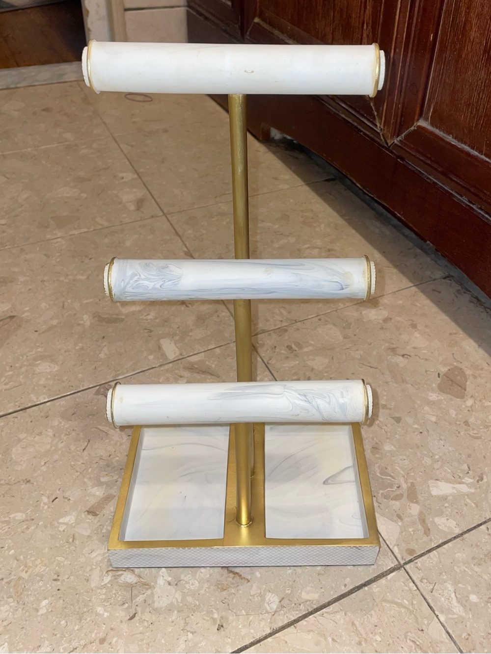 Three-Tier Jewelry Display Stand in White Marble Finish and Gold